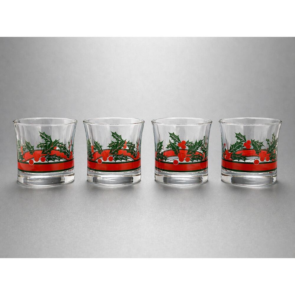 Set of 4 Vintage Christmas Holly Berries Rocks Glasses Holiday Cocktail Barware